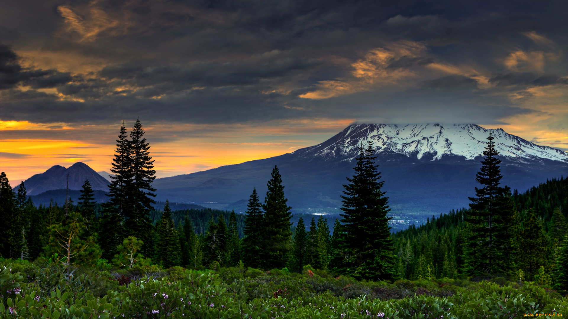 природа, горы, сша, калифорния, лес, тучи, закат