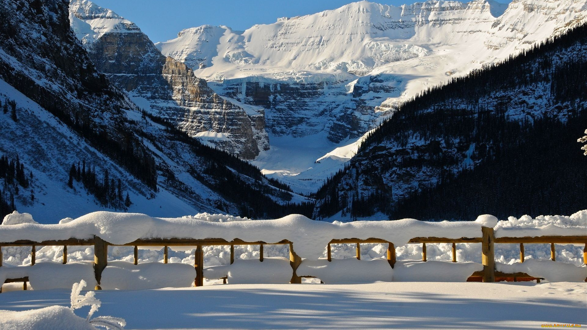 природа, горы, сугробы, забор, зима, снег
