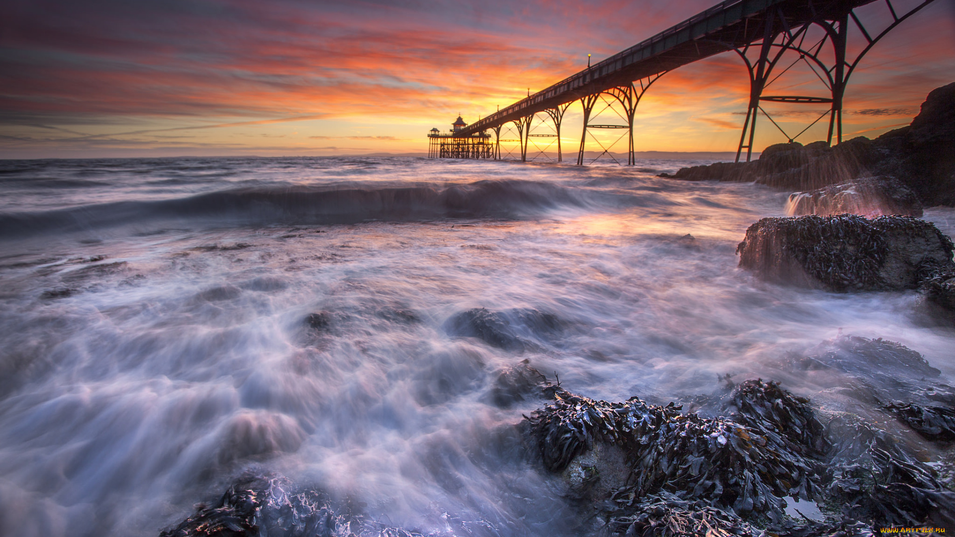 природа, маяки, маяк, мост, заря, побережье