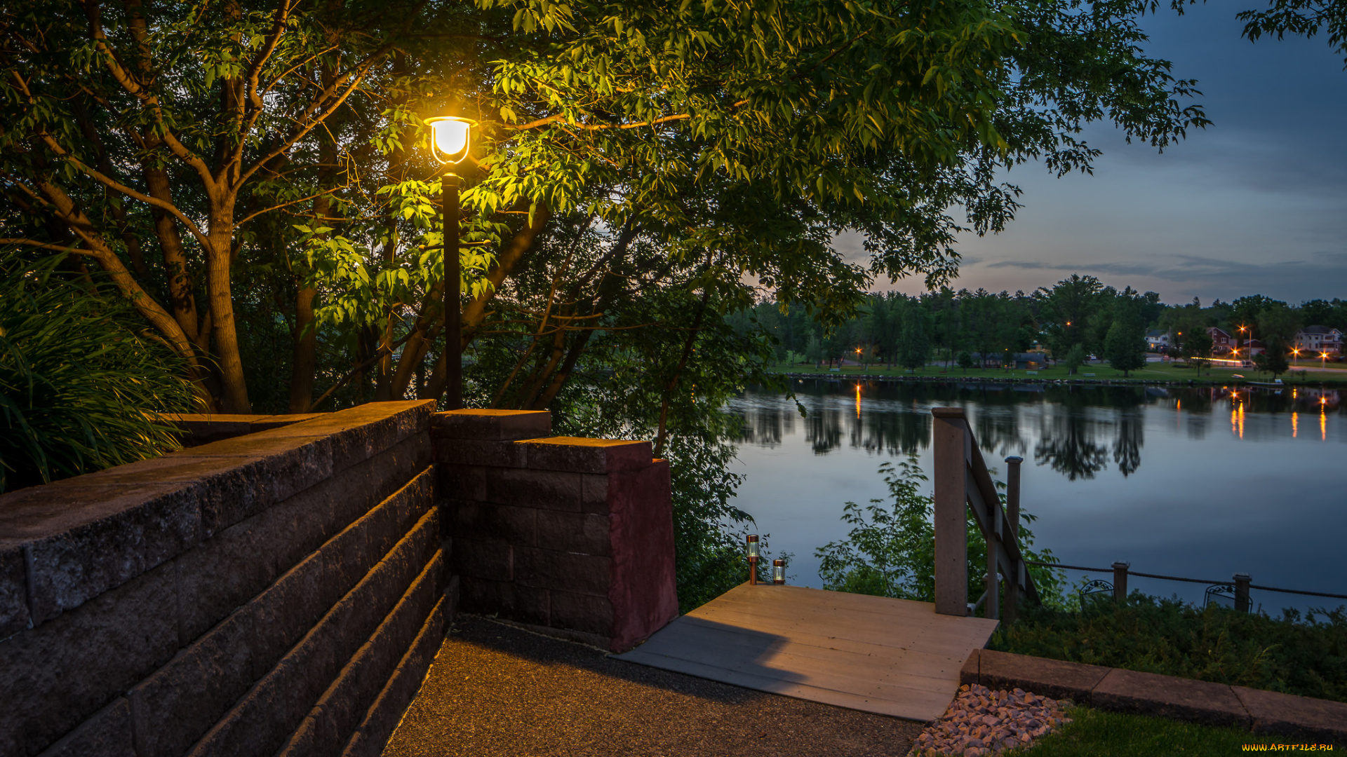 природа, парк, вечер, фонарь, река
