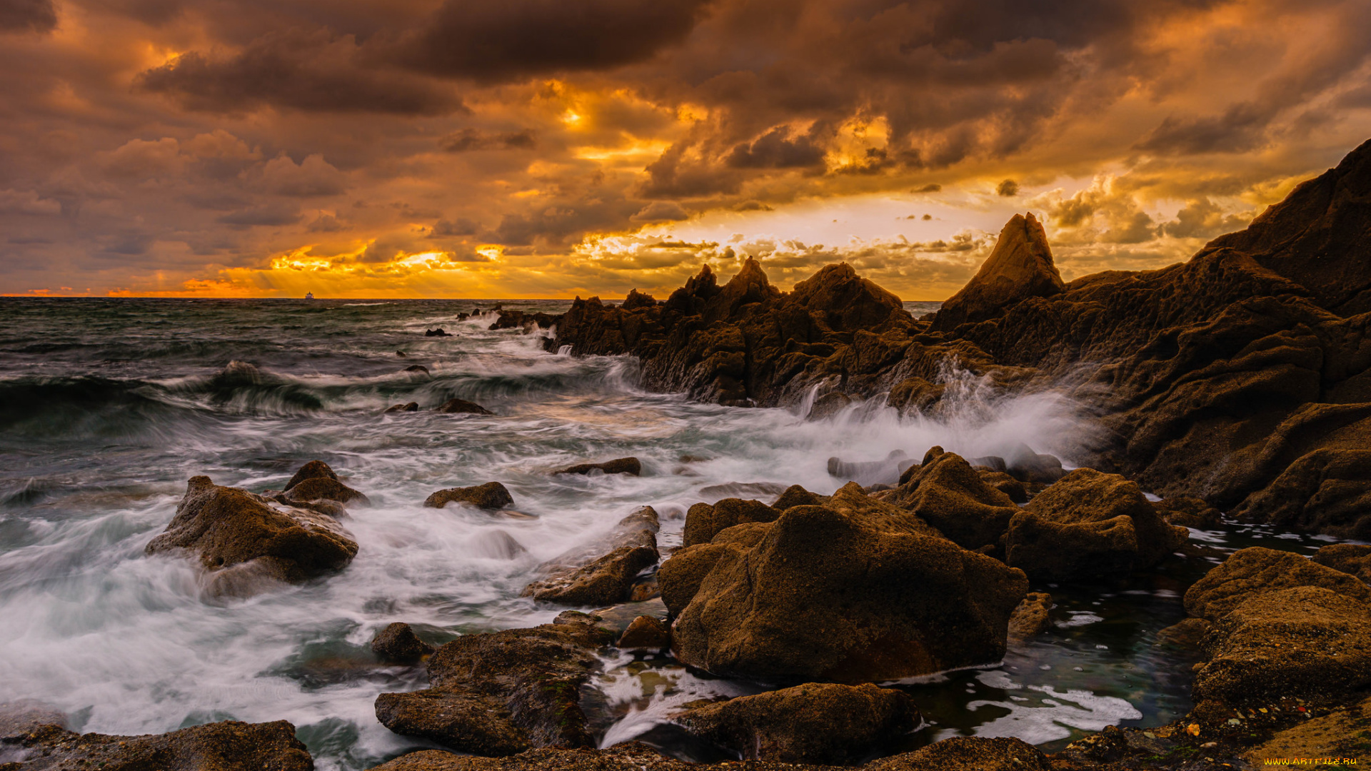 природа, побережье, берег, океан, волны, скалы