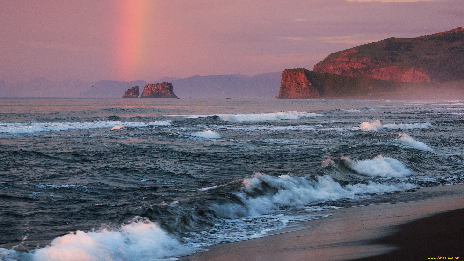 природа, радуга, скалы, волны, море