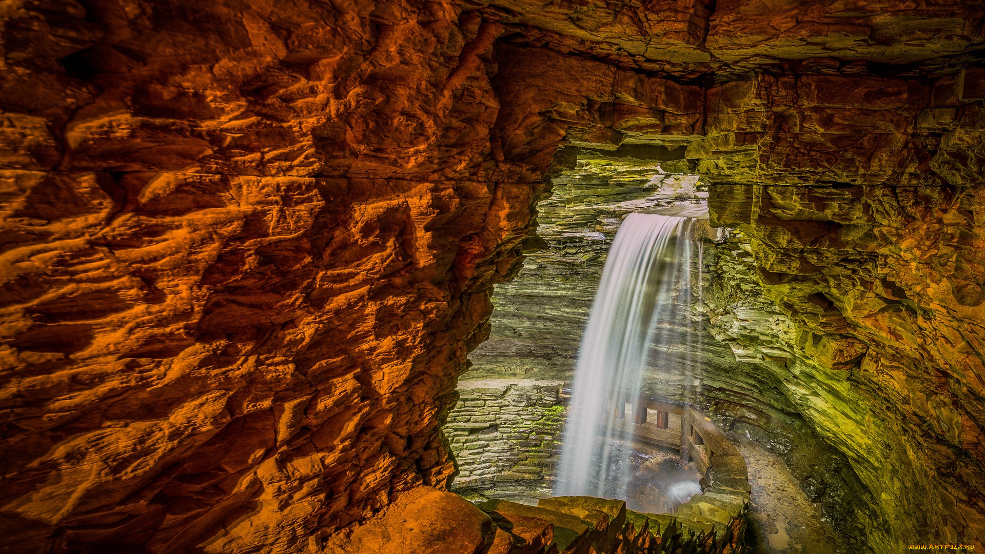природа, водопады, cavern, cascade, watkins, glen, state, park, водопад, пещера, скалы, камни