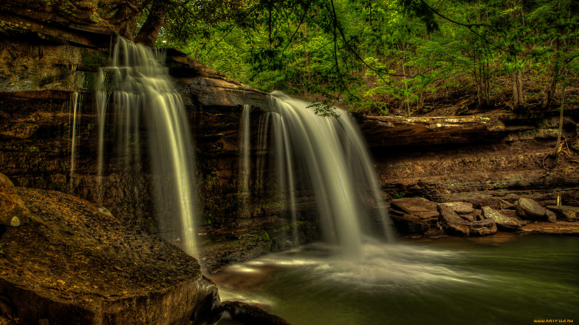 природа, водопады, лес, река, водопад