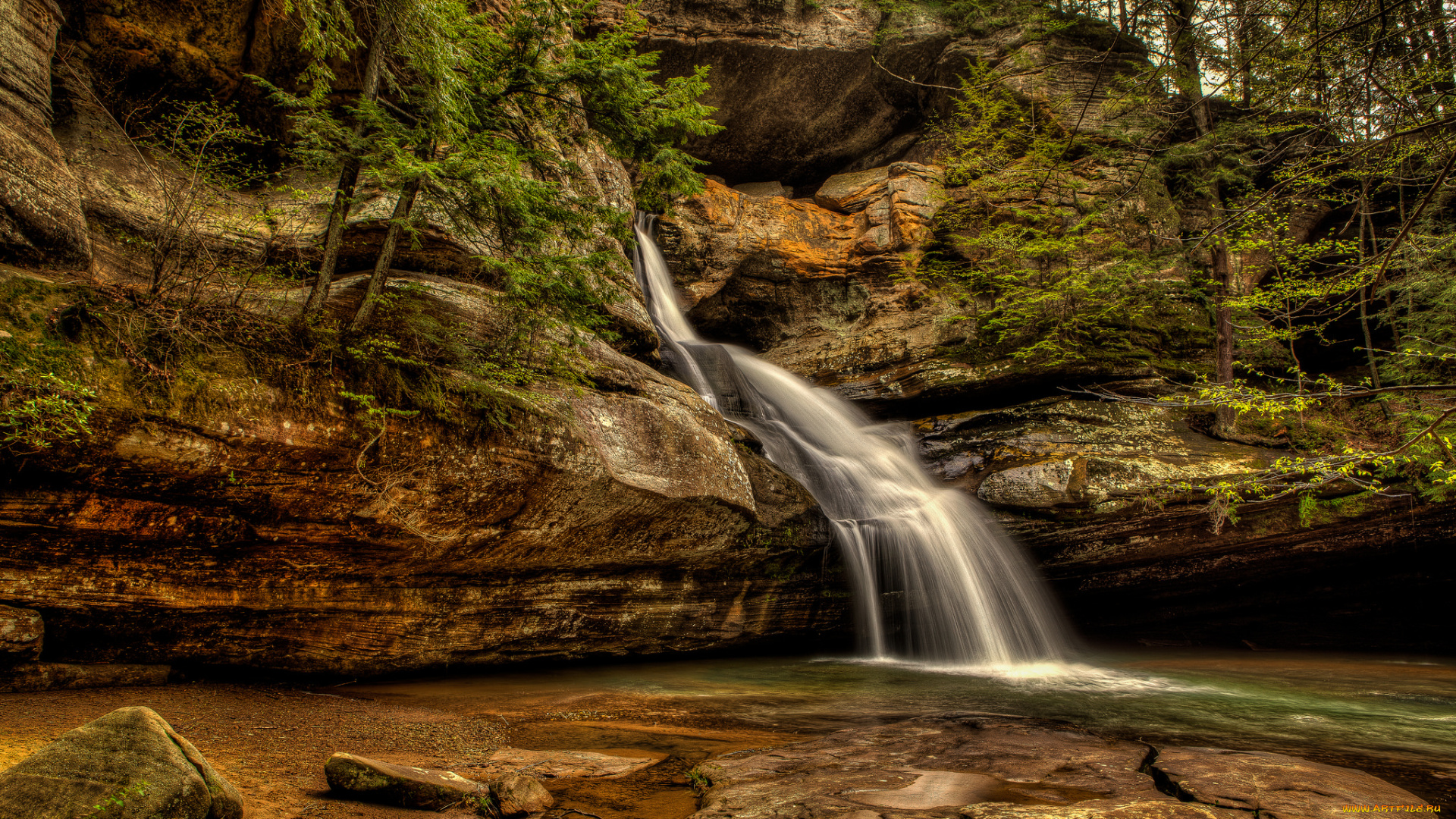 природа, водопады, лес, река, водопад