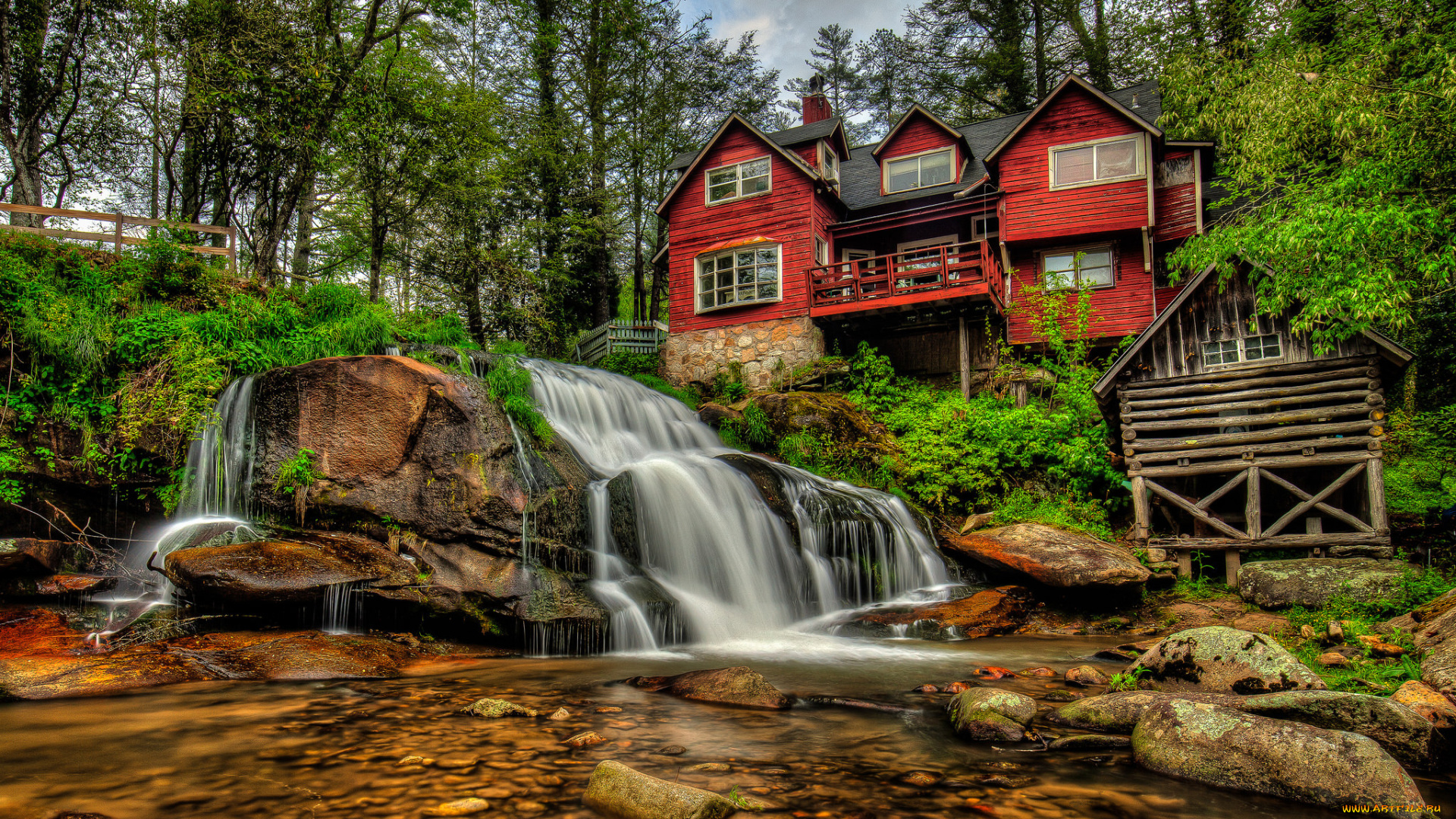 природа, водопады, лес, река, водопад