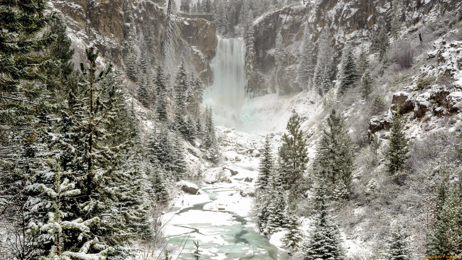 природа, водопады, лес, снег, зима