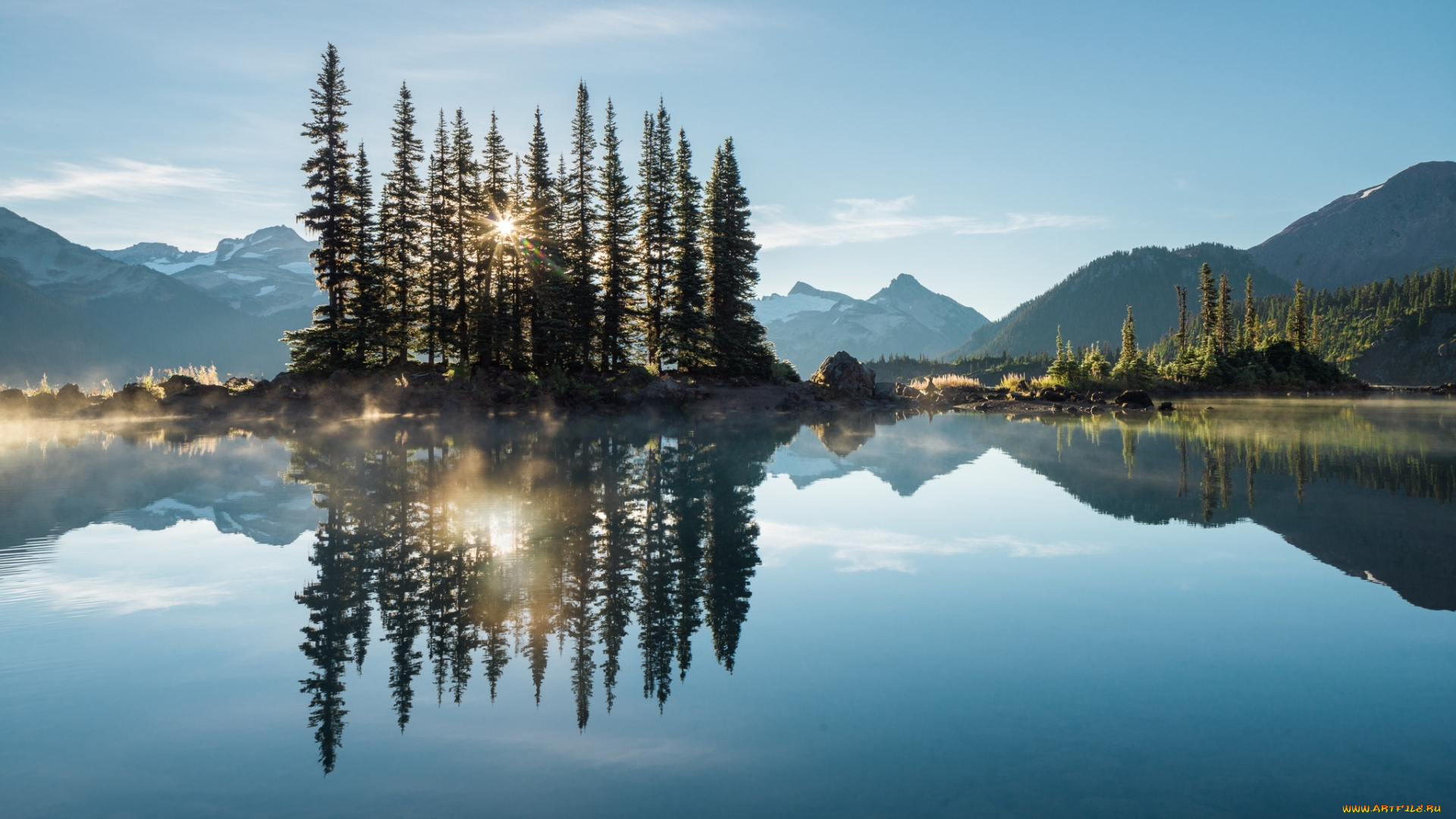 природа, восходы, закаты, дымка, утро, деревья, лес, озеро, горы