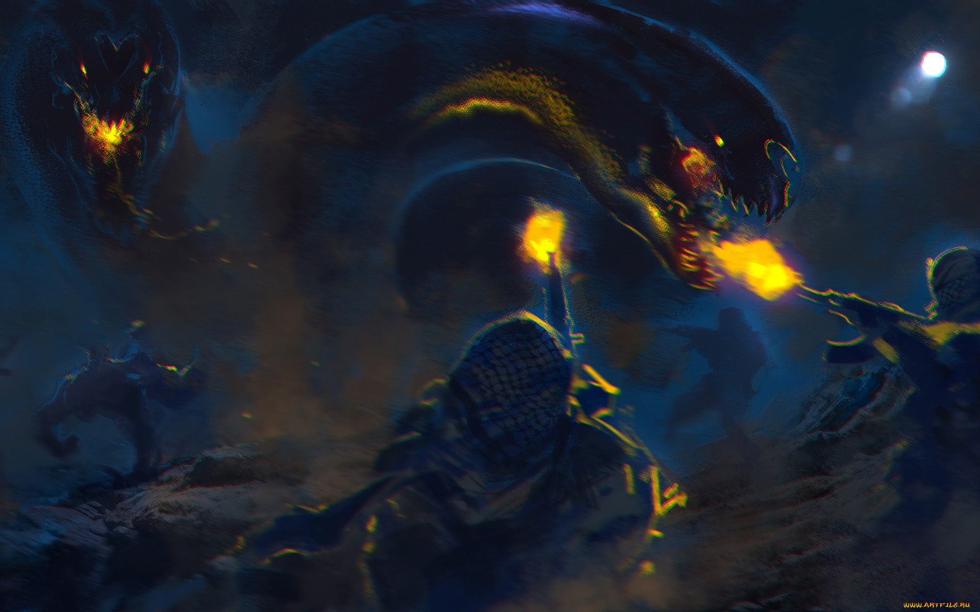 фэнтези, существа, ночь, засада, наемники, люди, пустыня, монстры