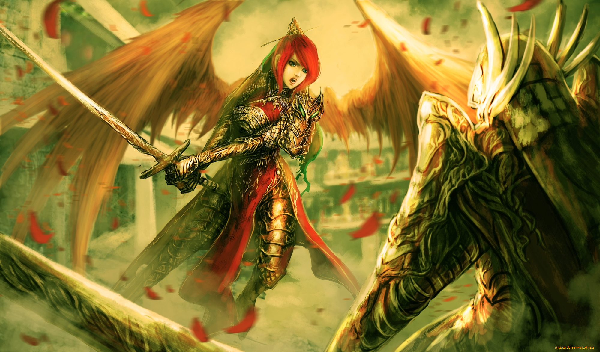 фэнтези, ангелы, девушка, оружие