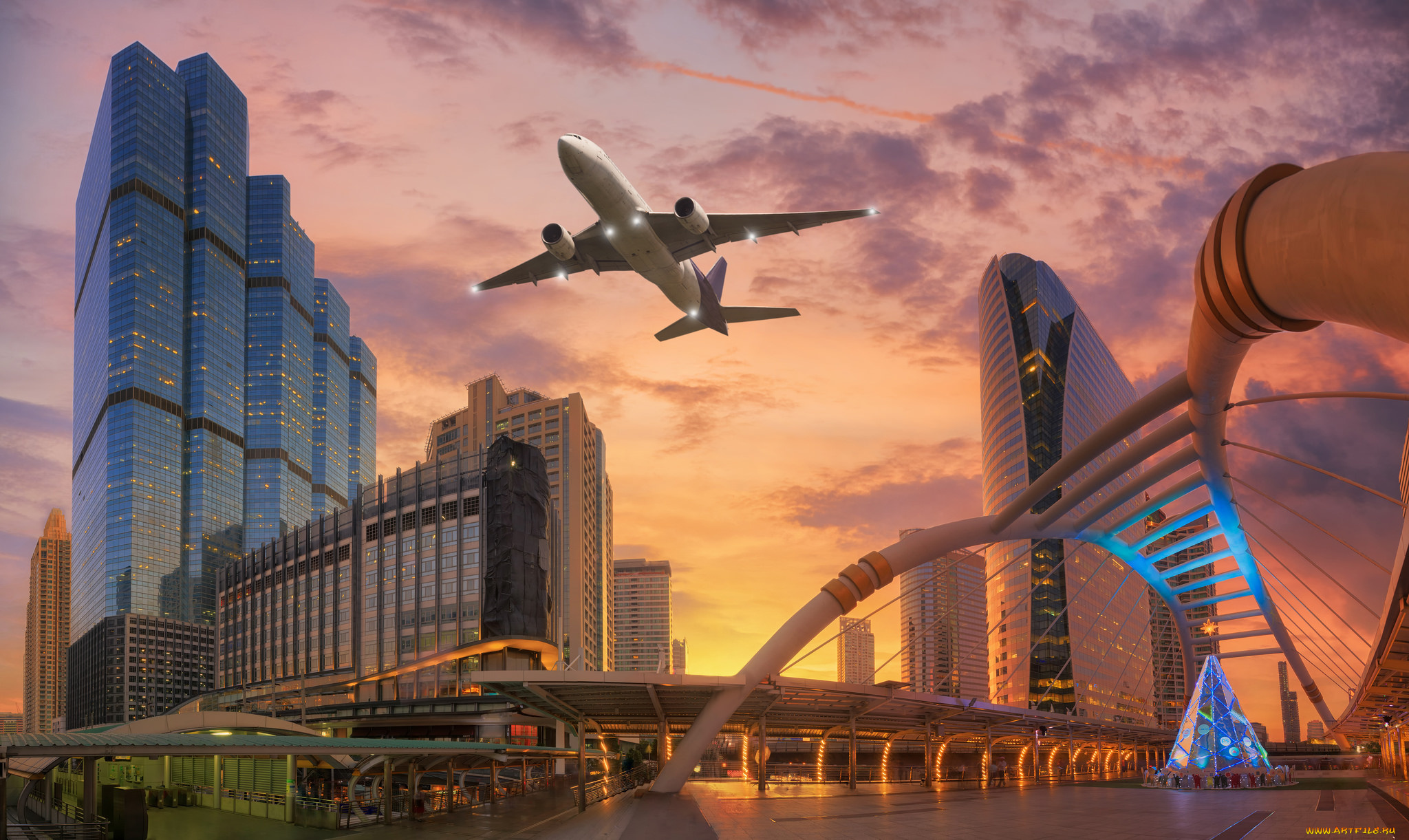 bangkok, , thailand, города, бангкок, , таиланд, мост, поезд, авиалайнер, небоскребы