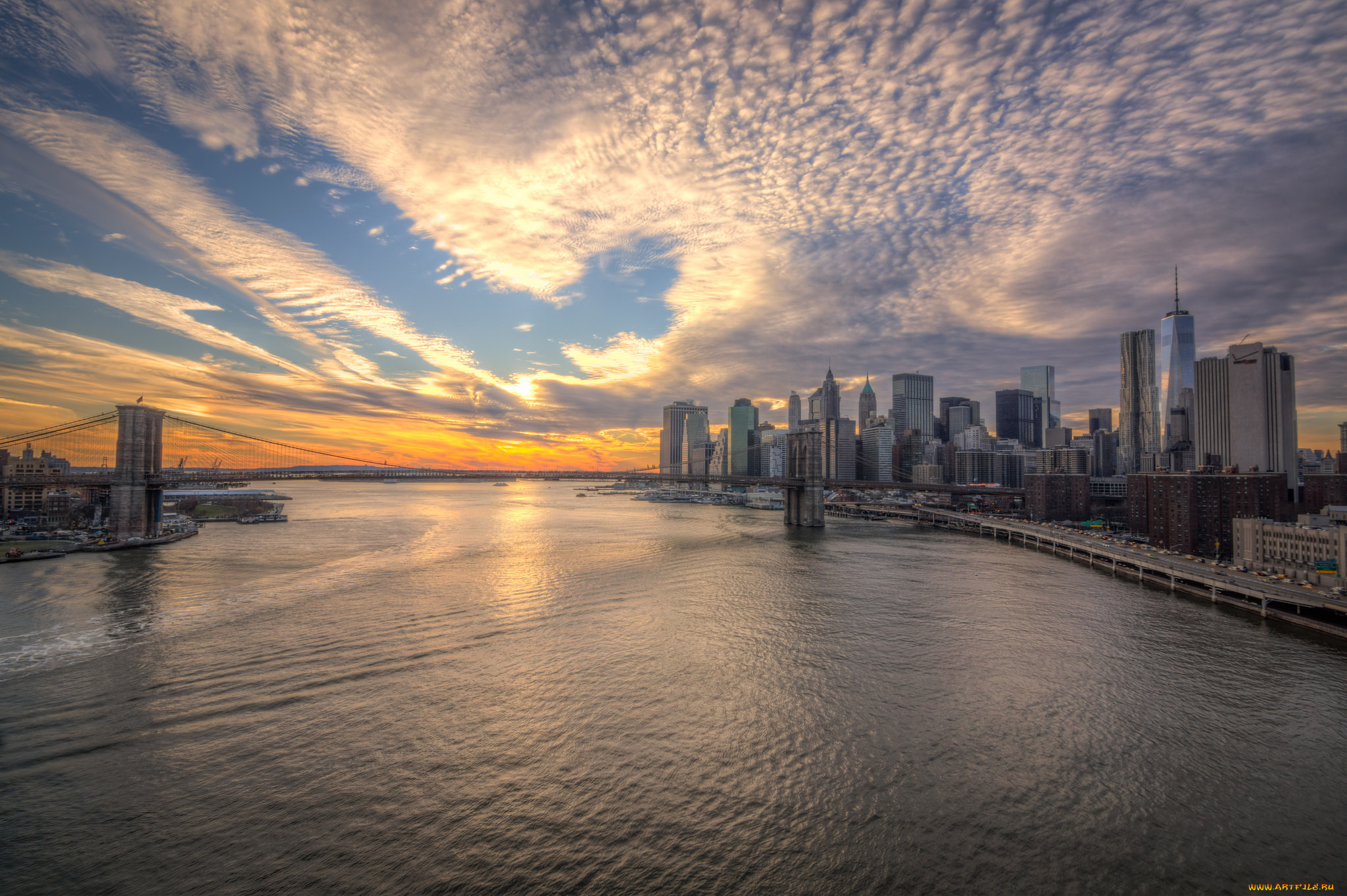 manhattan, bridge, города, нью-йорк, , сша, заря, небоскребы, мост, залив