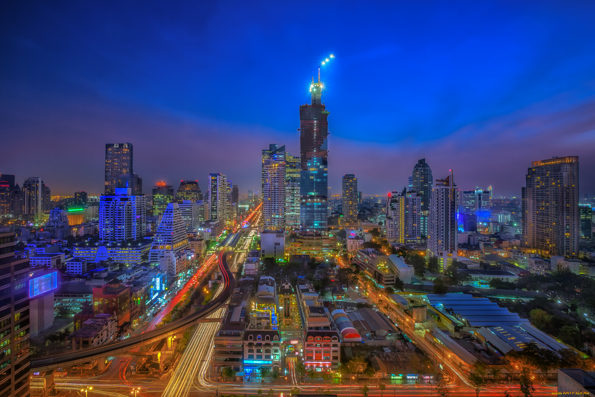bangkok, city, night, города, бангкок, , таиланд, ночь, башня, магистраль, огни