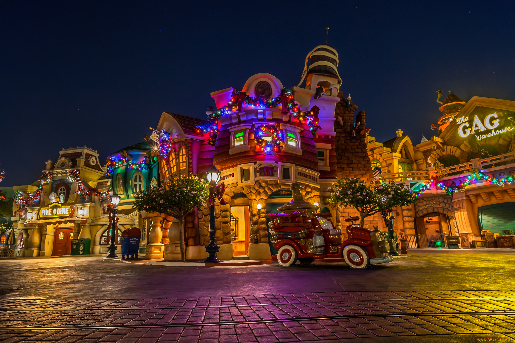 christmastime, at, toontown, города, диснейленд, огни, здания, парк, ночь