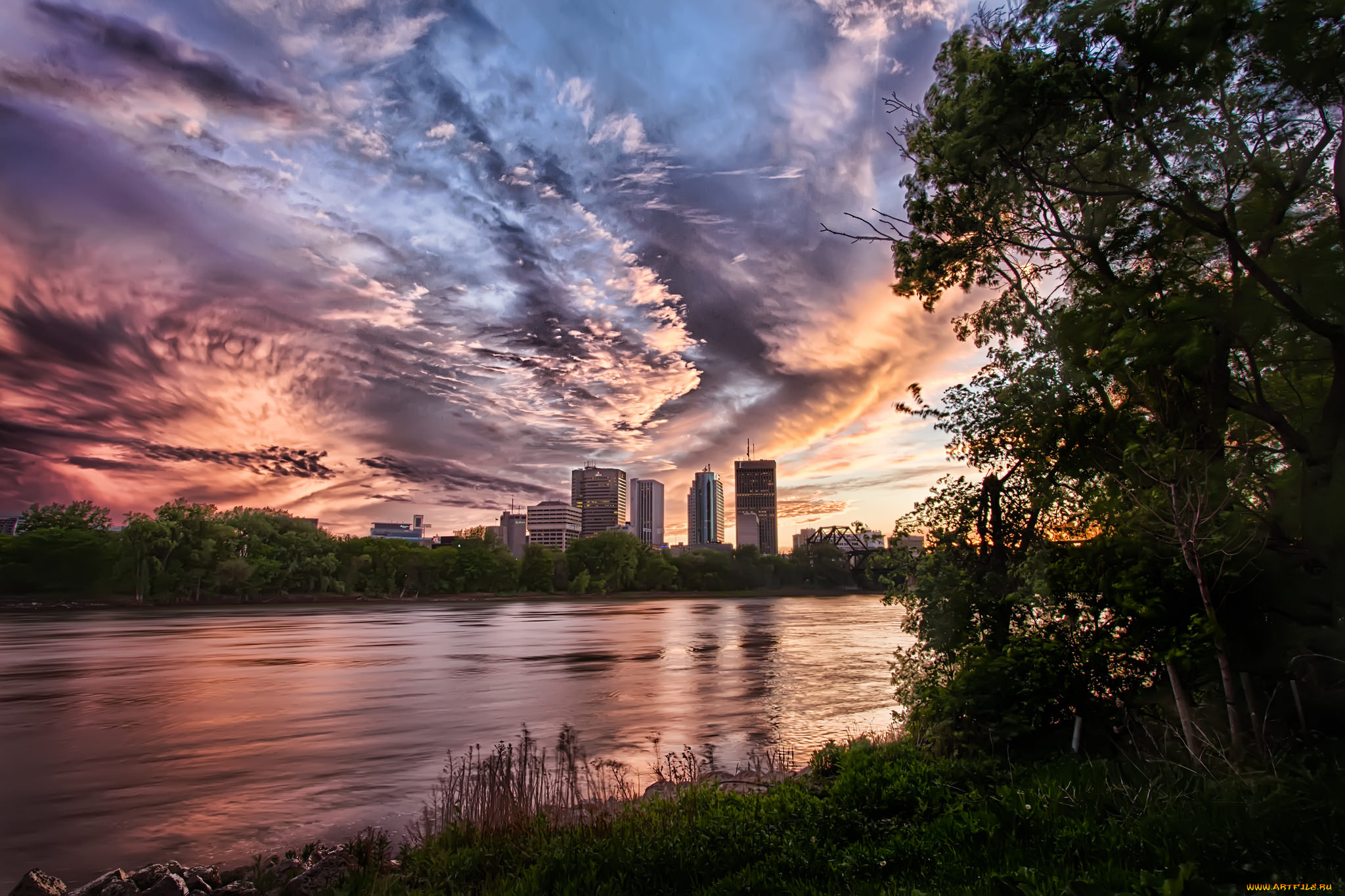 города, -, пейзажи, река, лес, здания