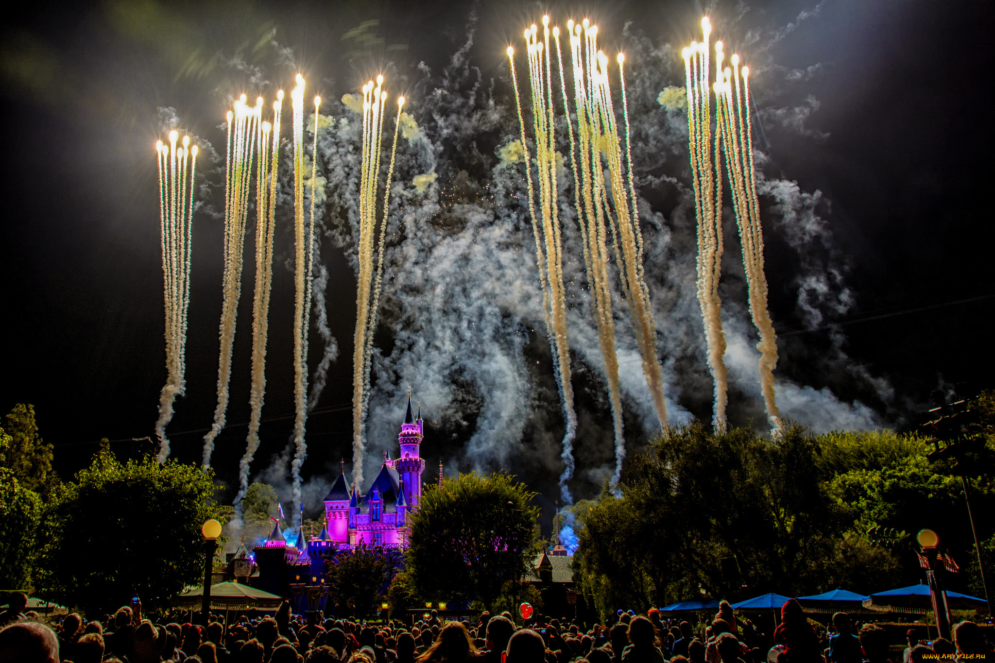 города, диснейленд, замок, парк, фейерверк, ночь
