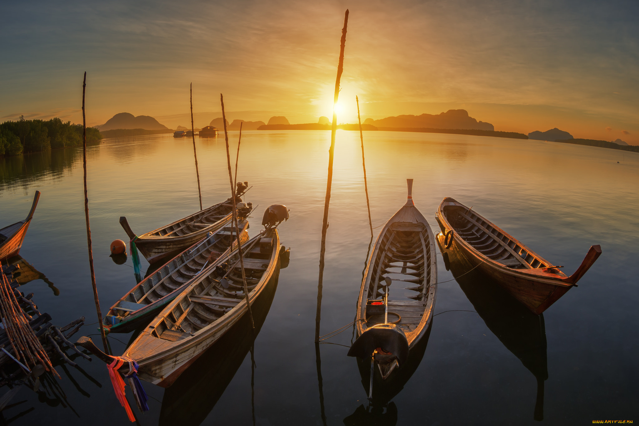 корабли, лодки, , шлюпки, закат, горизонт