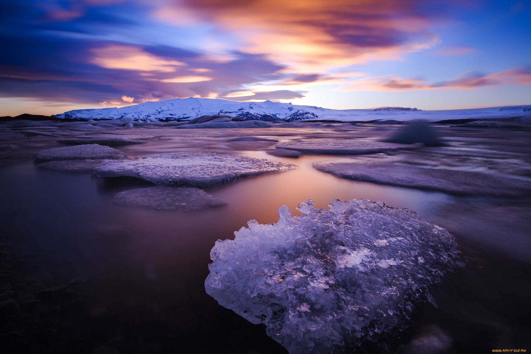 природа, айсберги, и, ледники, закат, небо, лёд, море