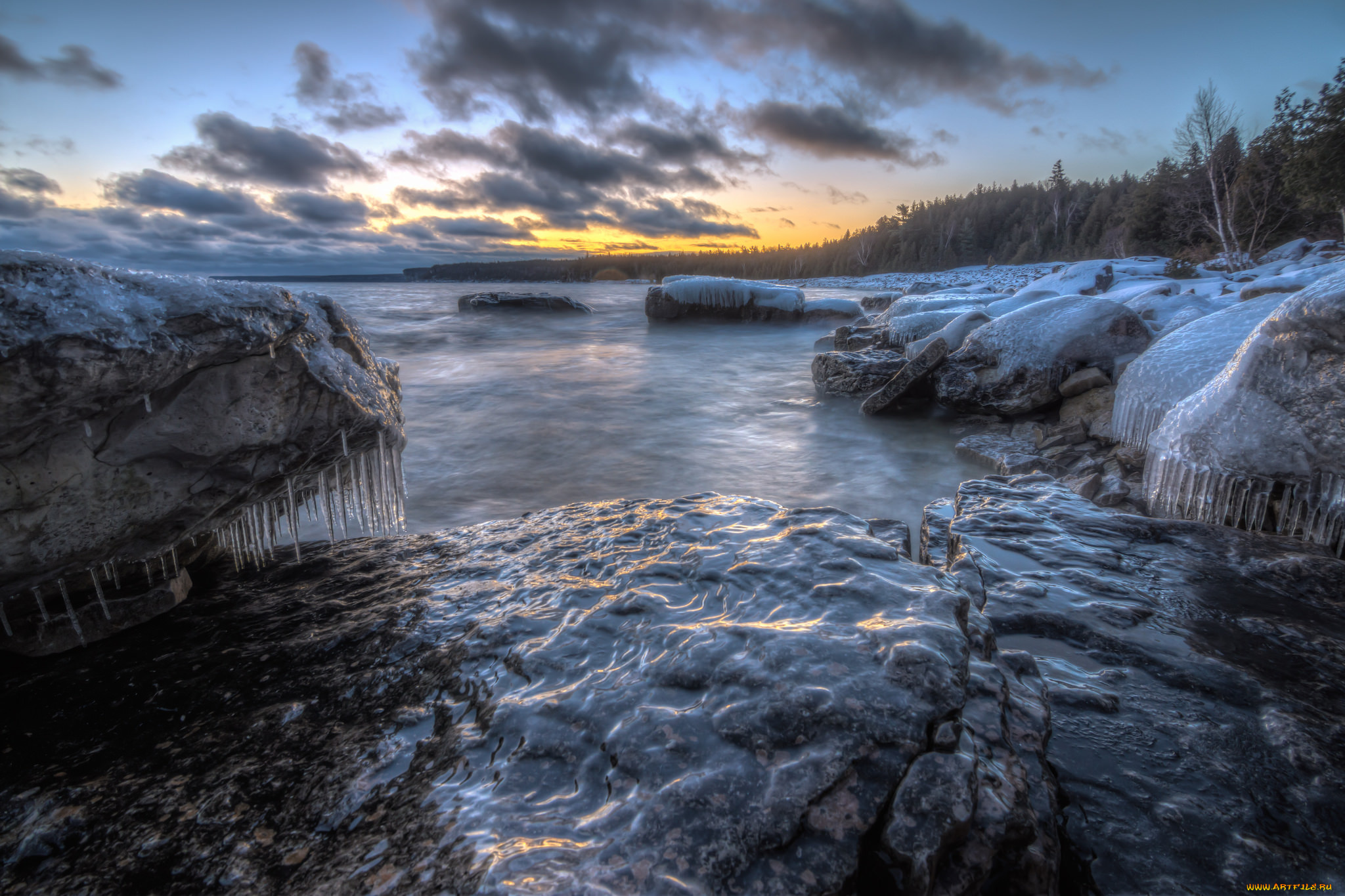 природа, реки, озера, сосульки, лес, скалы