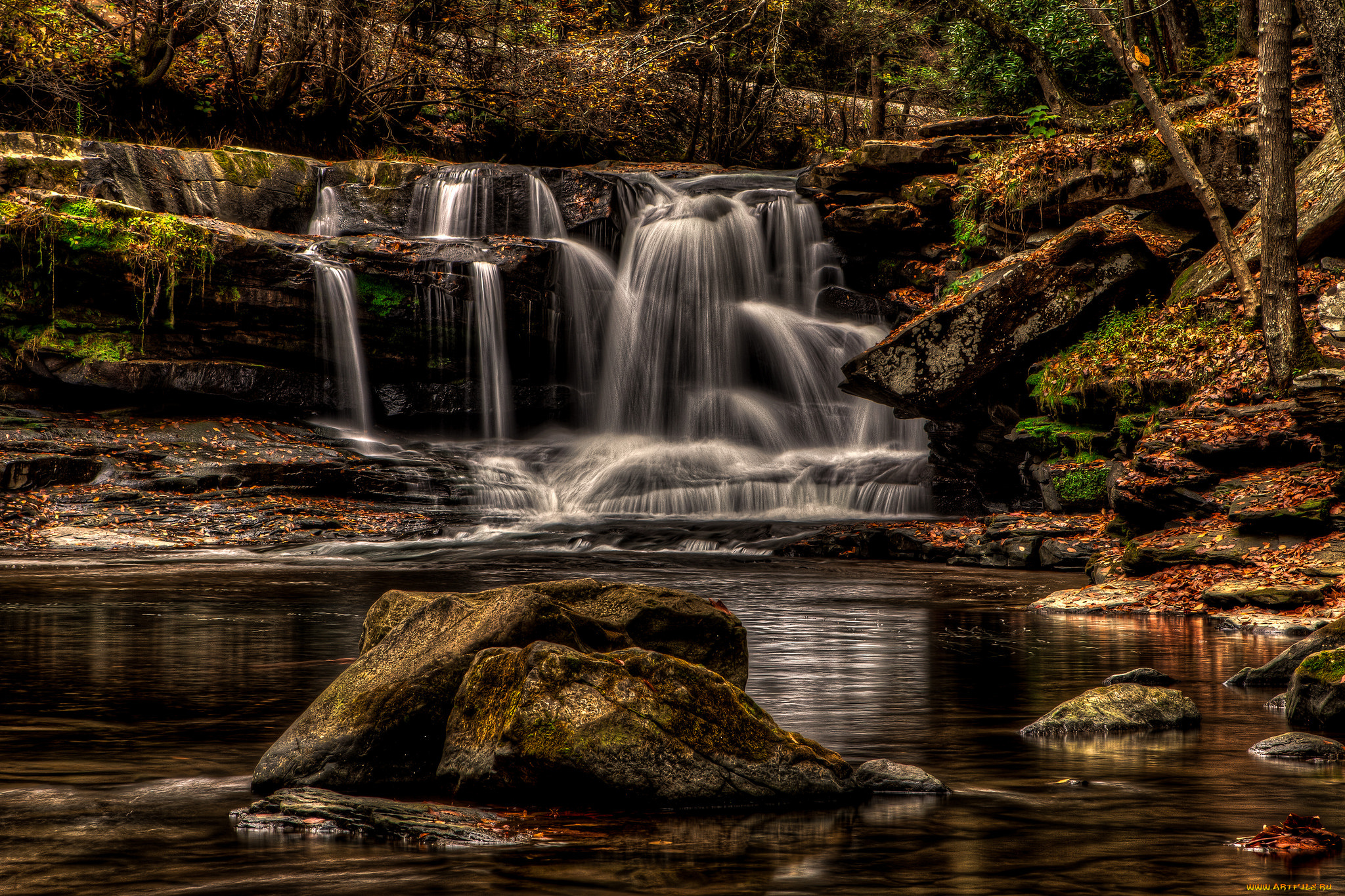 природа, водопады, лес, река, водопад