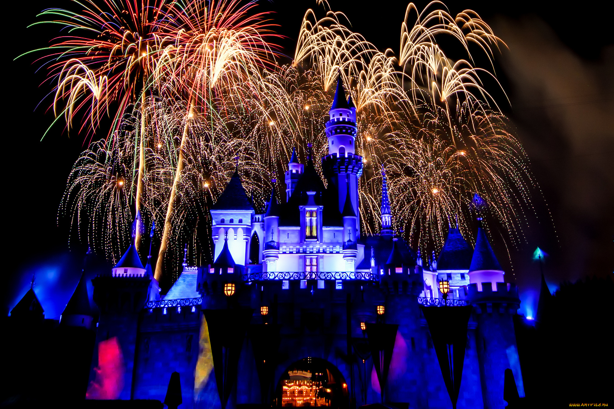 города, диснейленд, парк, фейерверк, ночь, замок