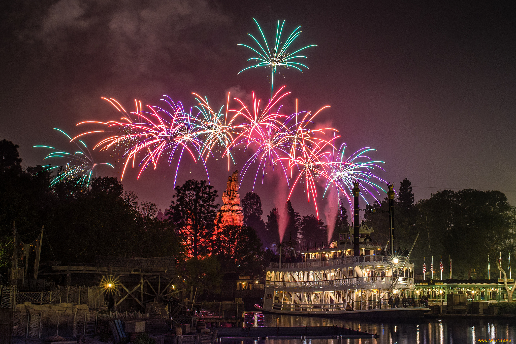 города, диснейленд, замок, парк, фейерверк, ночь