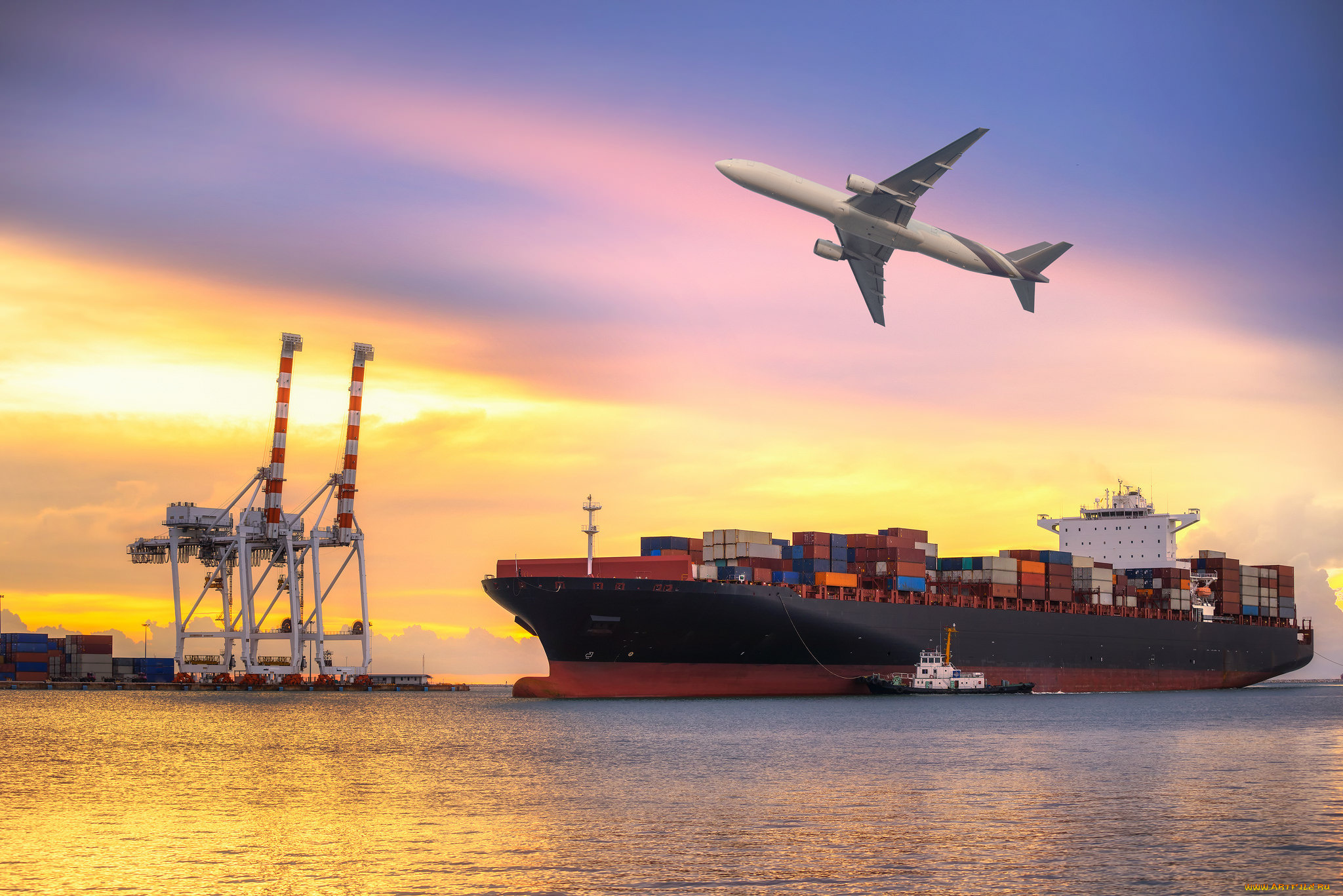 корабли, разные, вместе, порт, буксиир, авиалайнер, контейнеровоз, гавань