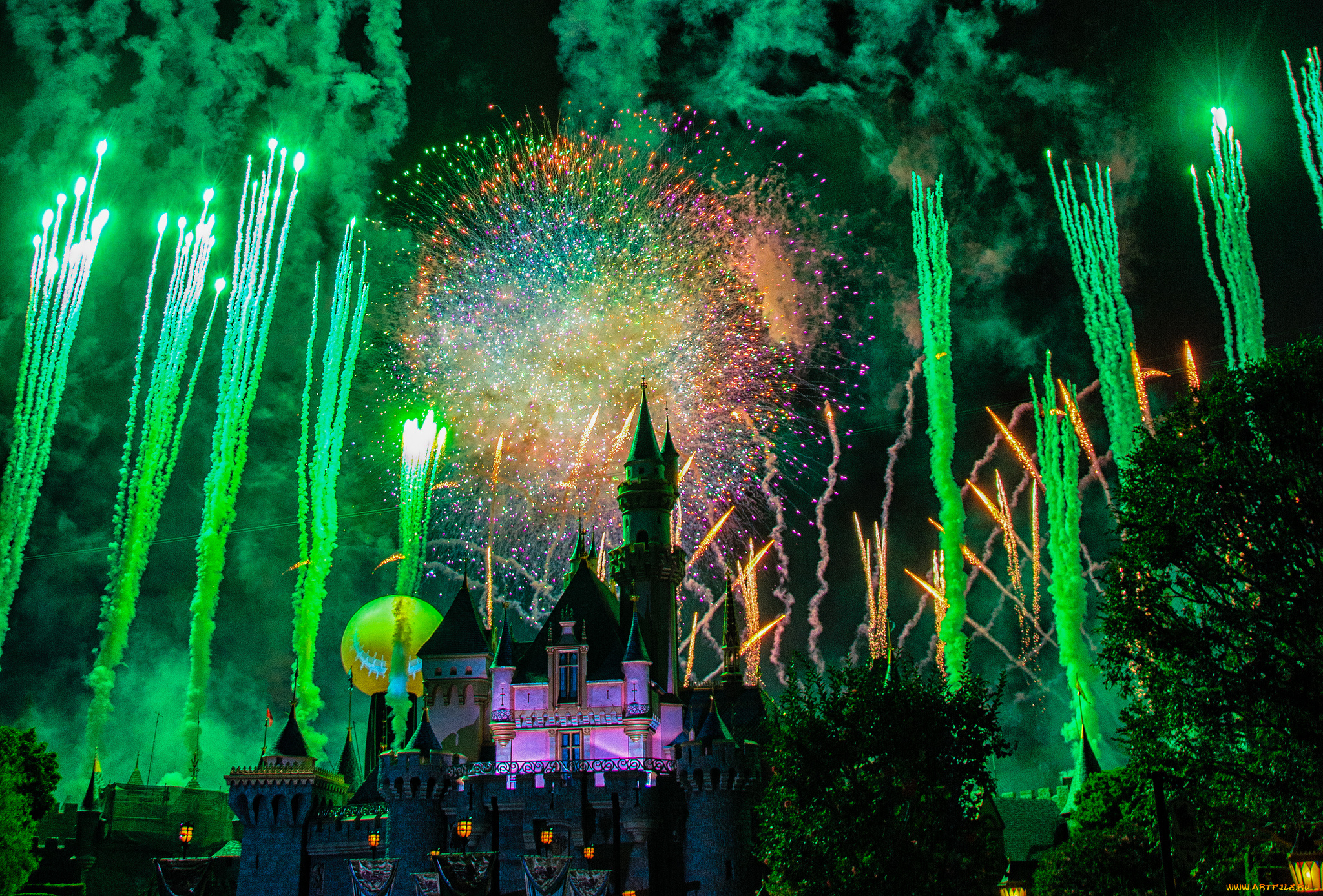 города, диснейленд, замок, парк, фейерверк, ночь