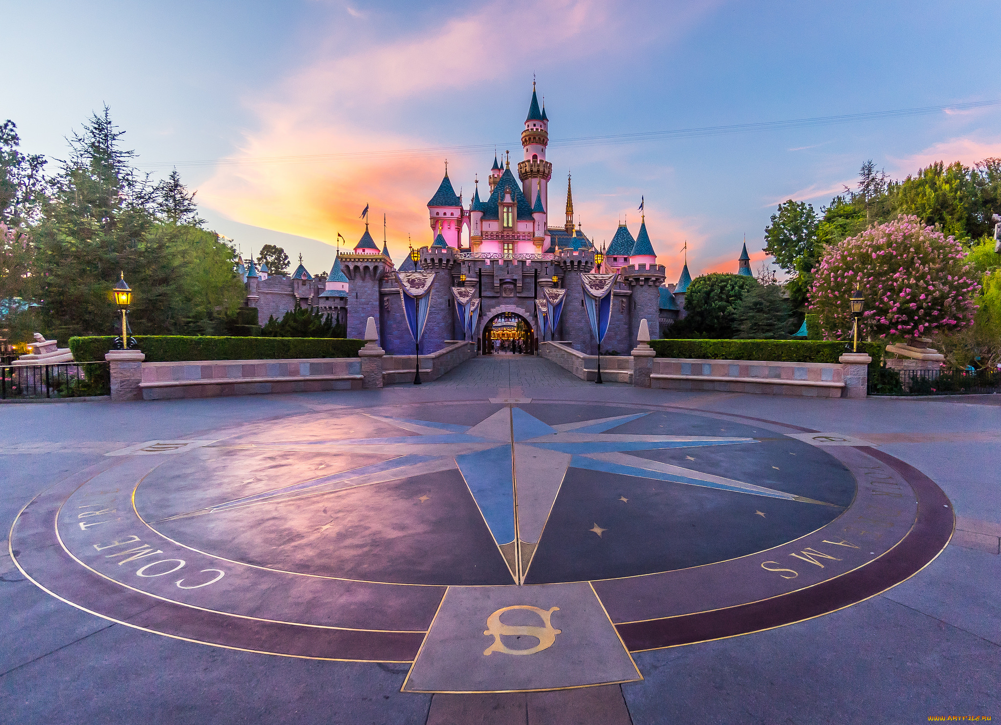 compass, rose, sunset, города, диснейленд, компас, площадь, замок