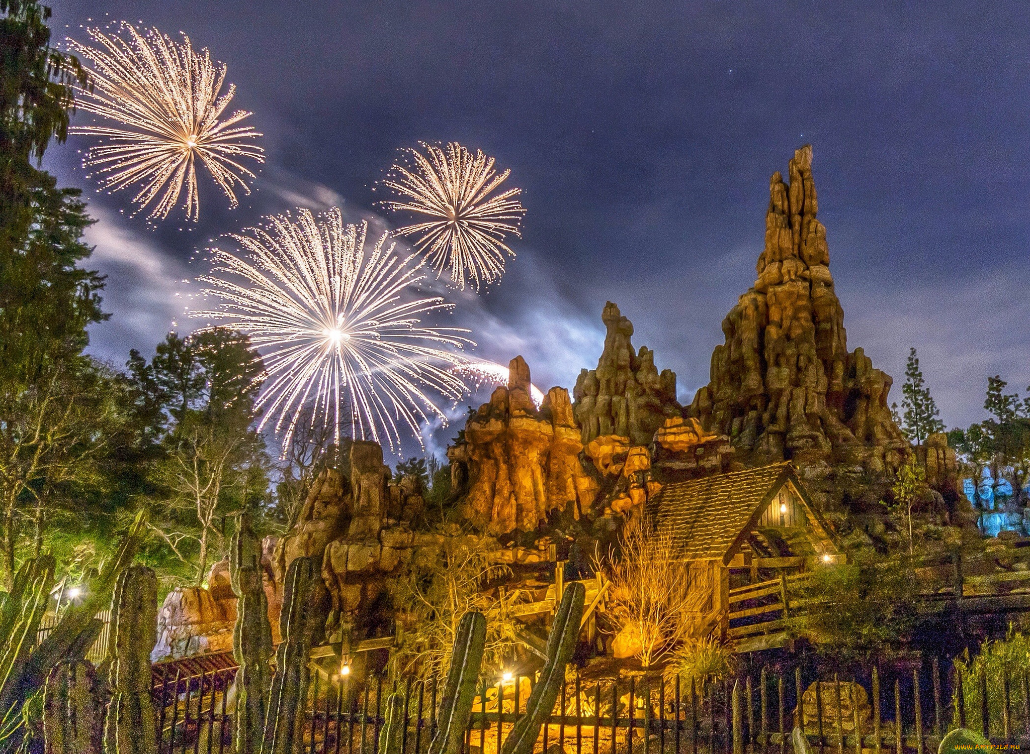 города, диснейленд, фейерверк, парк, ночь