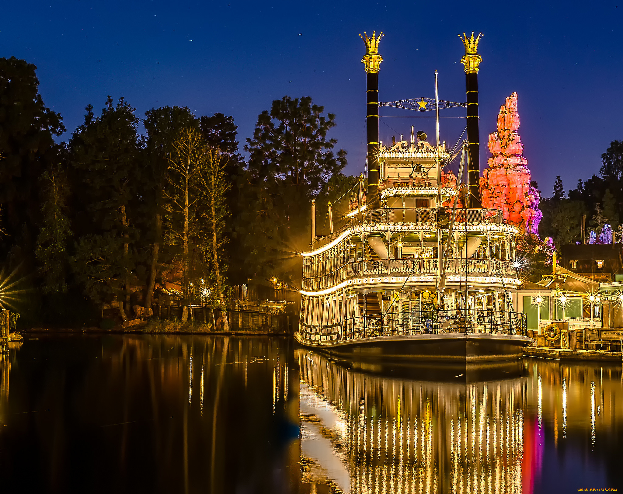 корабли, пароходы, ночь, пароход, река