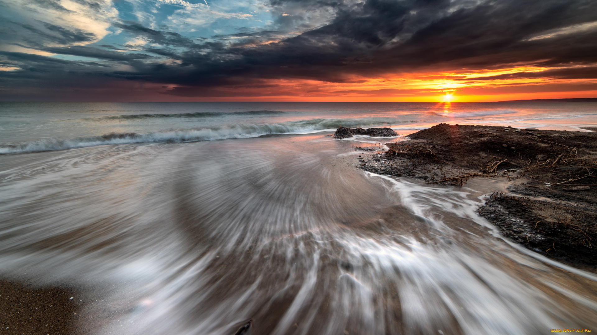 природа, побережье, берег, море, закат