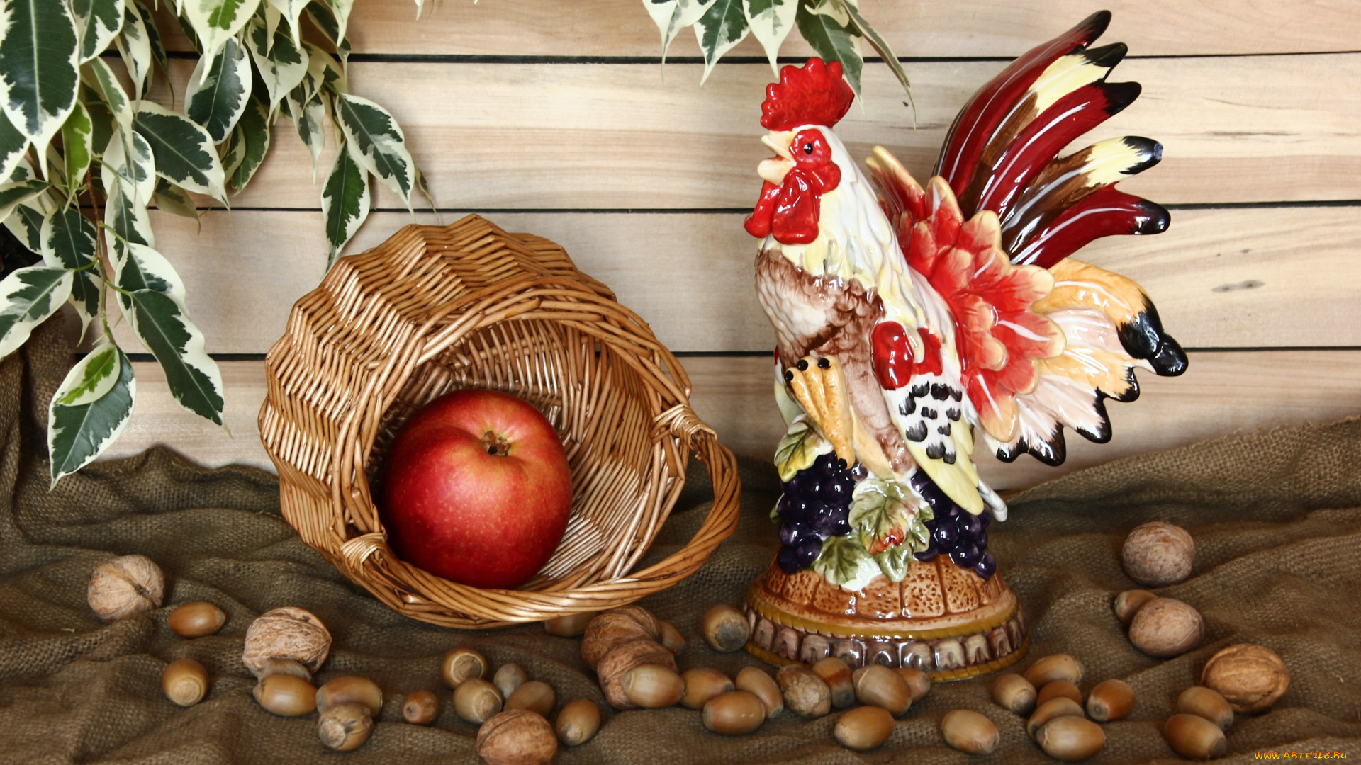 еда, натюрморт, яблоки, корзина, орехи, листья, фигурка, петух