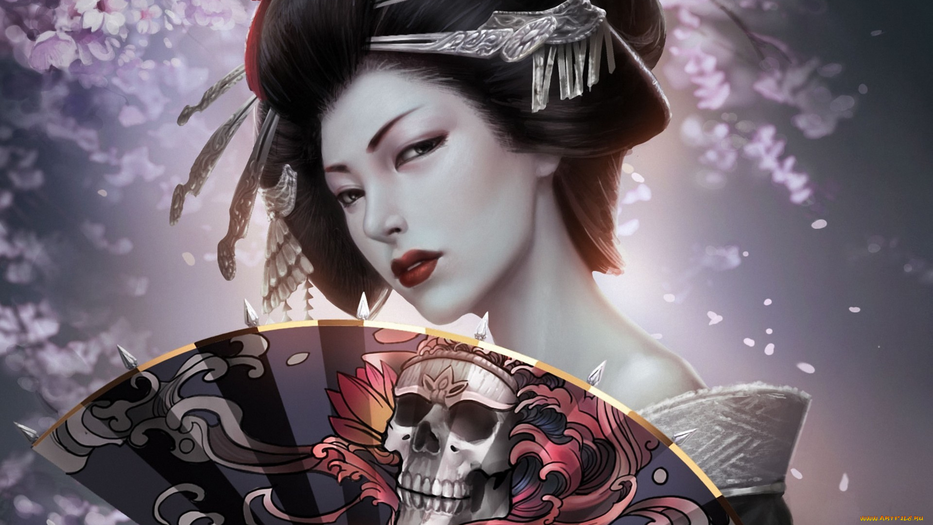 фэнтези, девушки, арт, прическа, заколки, череп, кимоно, гейша, девушка, сакура, reborn, kagero, веер