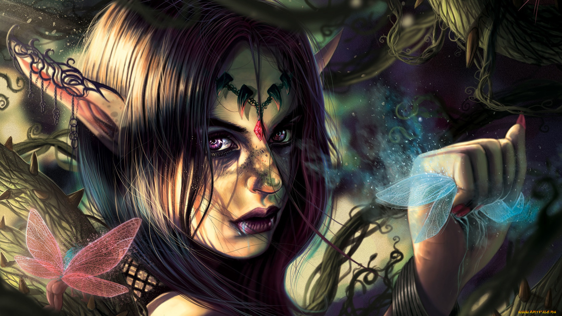 фэнтези, эльфы, растения, взгляд, эльфийка, fantasy, уши, art, шипы