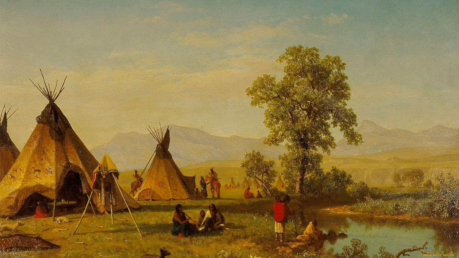 рисованное, живопись, пейзаж, альберт, бирштадт, селение, сиу, близ, форт-ларами, вигвам, картина