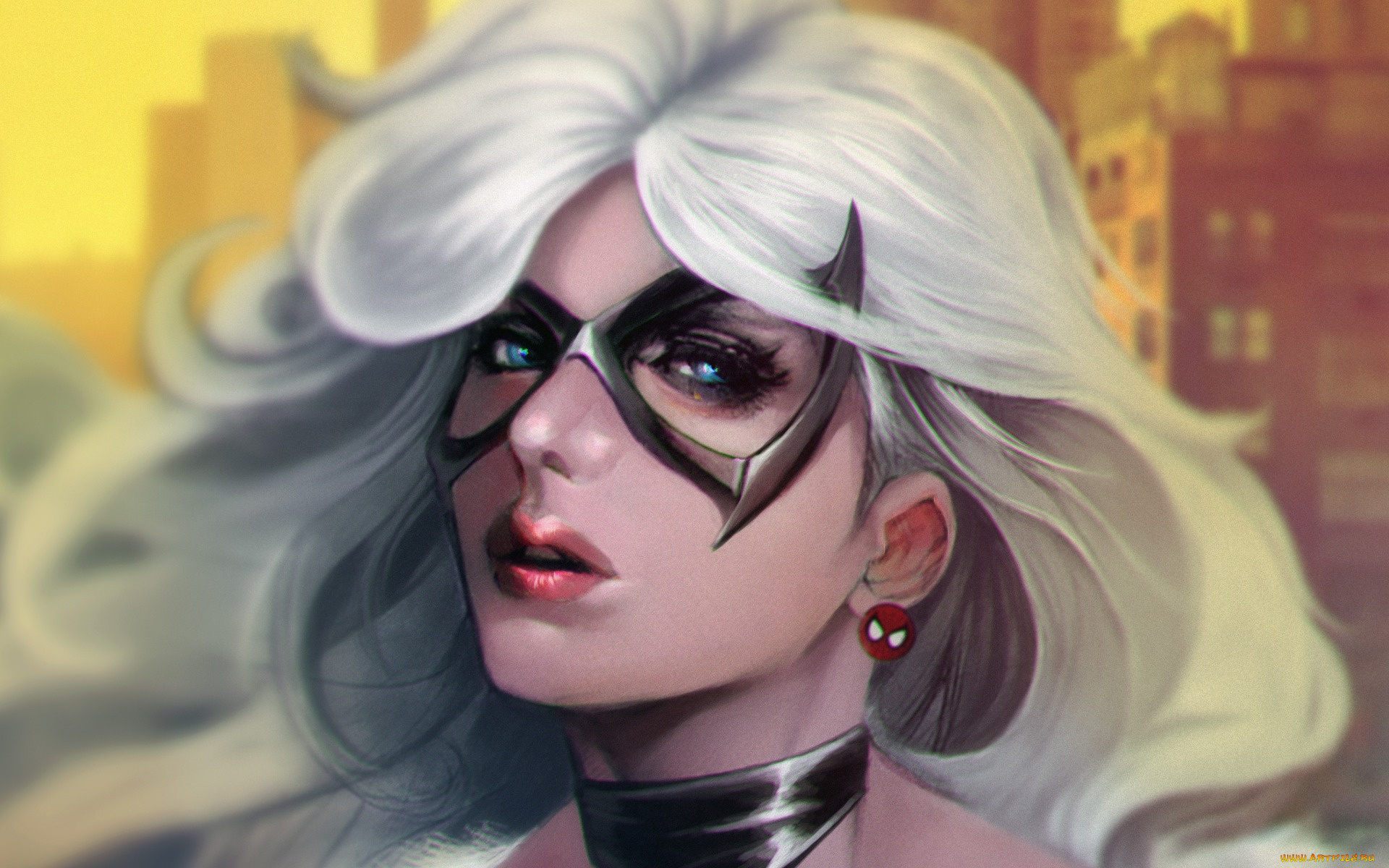 рисованное, комиксы, spider-man, арт, black, cat, маска, лицо, девушка, marvel