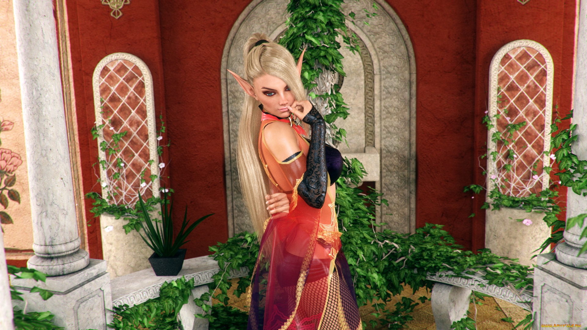 3д, графика, эльфы, , elves, взгляд, фон, эльфийка