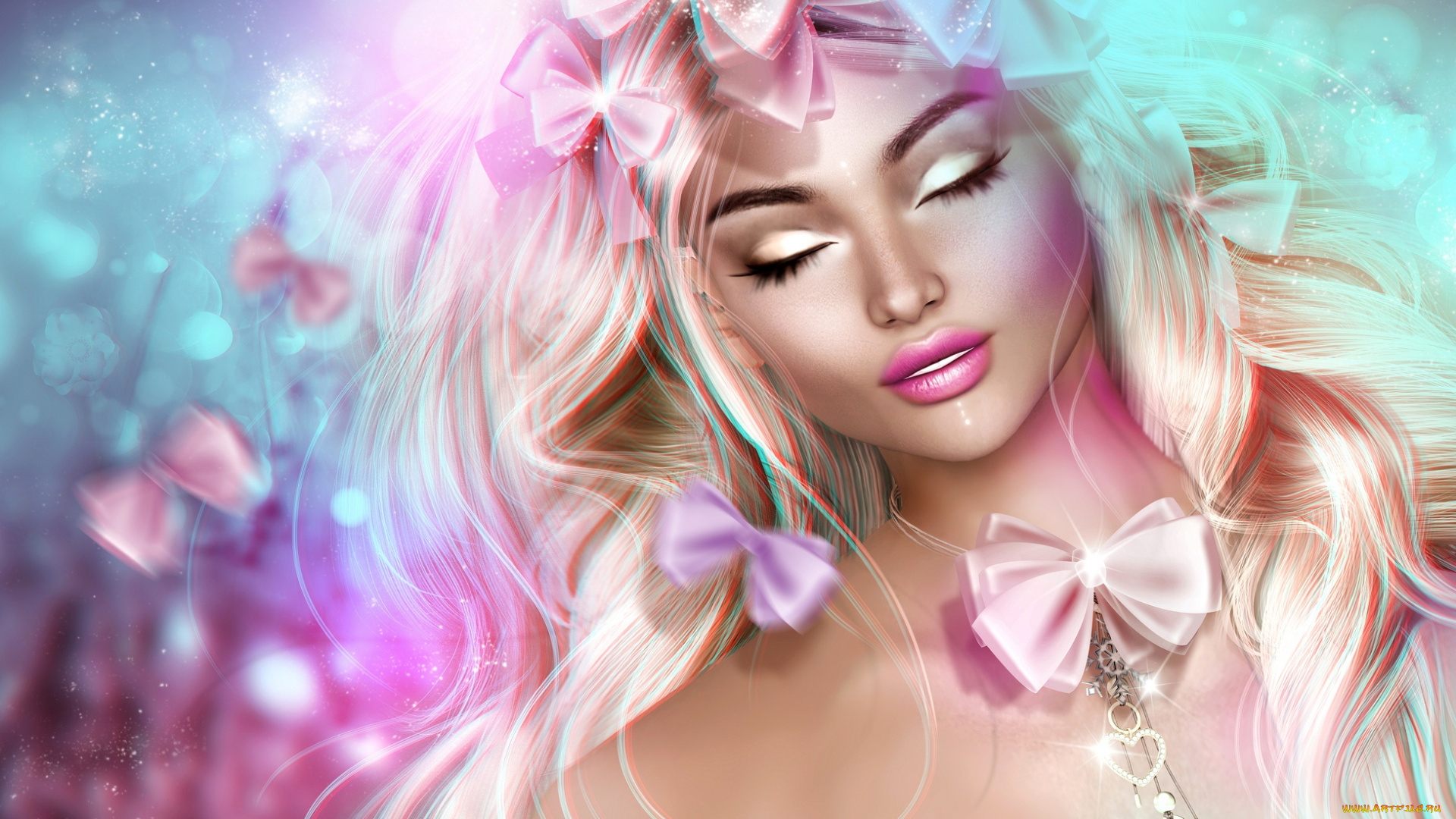 3д, графика, портрет, , portraits, бантики, девушка, лицо, волосы