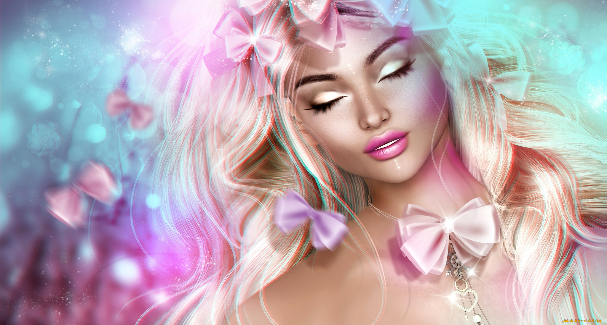 3д, графика, портрет, , portraits, бантики, девушка, лицо, волосы