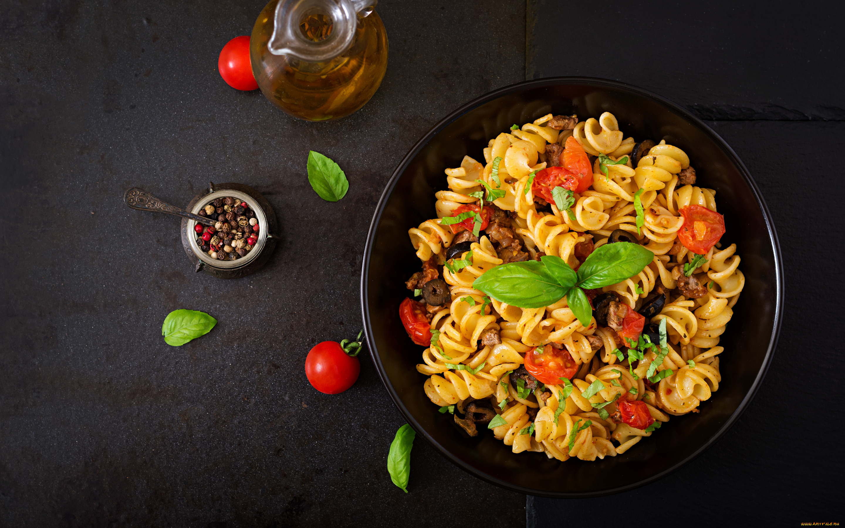 еда, макаронные, блюда, макароны, масло, мята, помидоры
