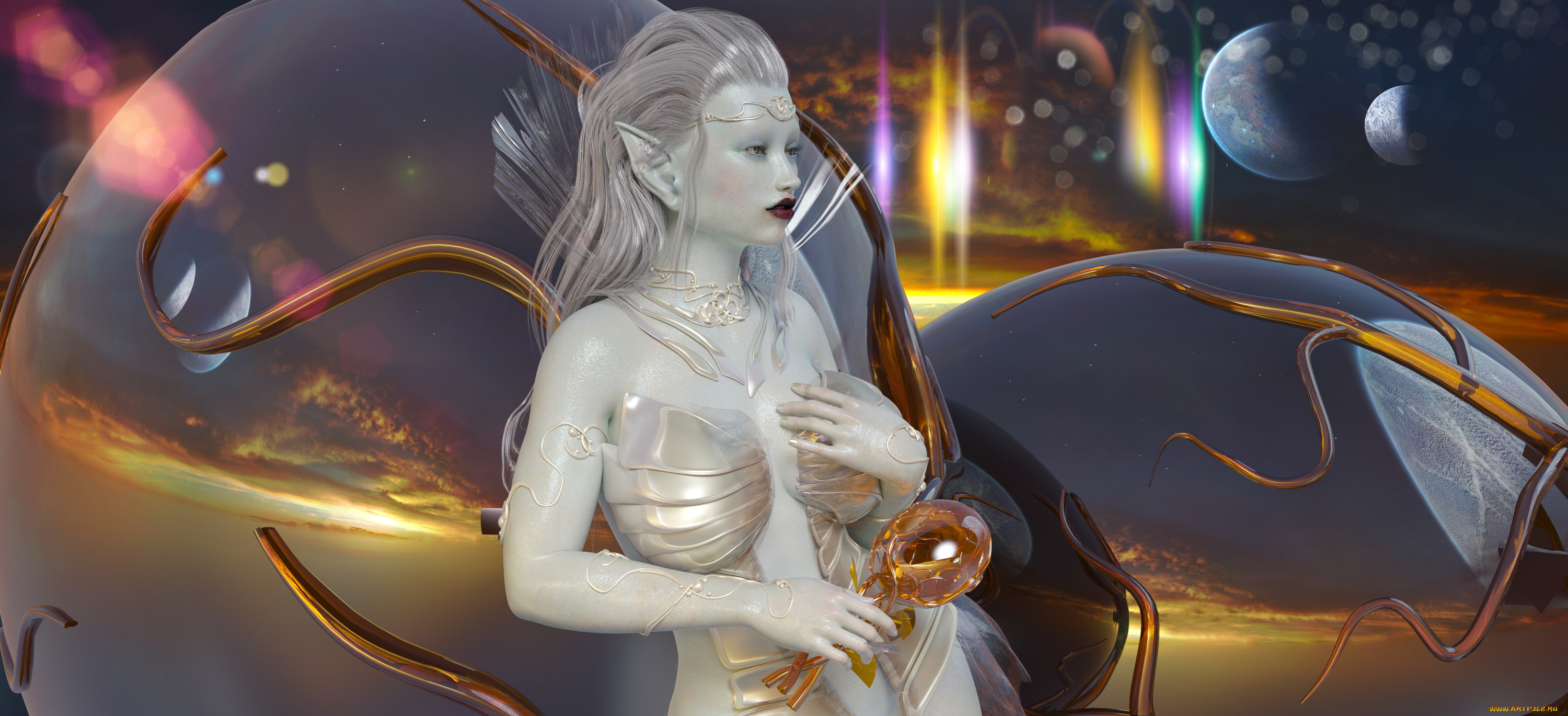 3д, графика, эльфы, , elves, эльфийка, фон, взгляд