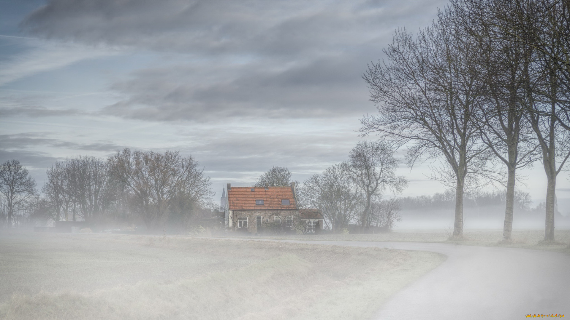 города, -, пейзажи, дом, дорога, туман