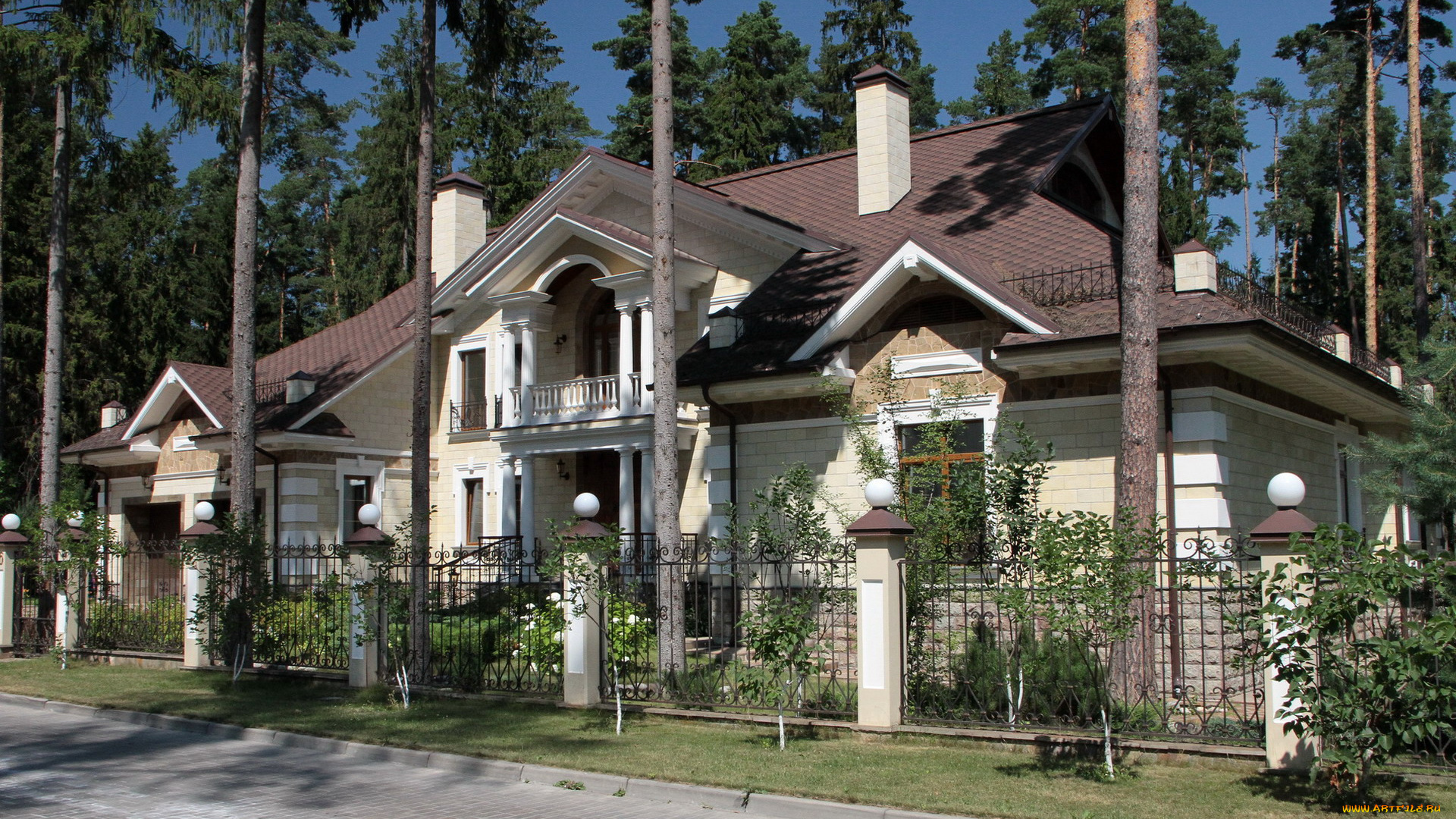 города, -, здания, , дома, забор, дом, коттедж, деревья