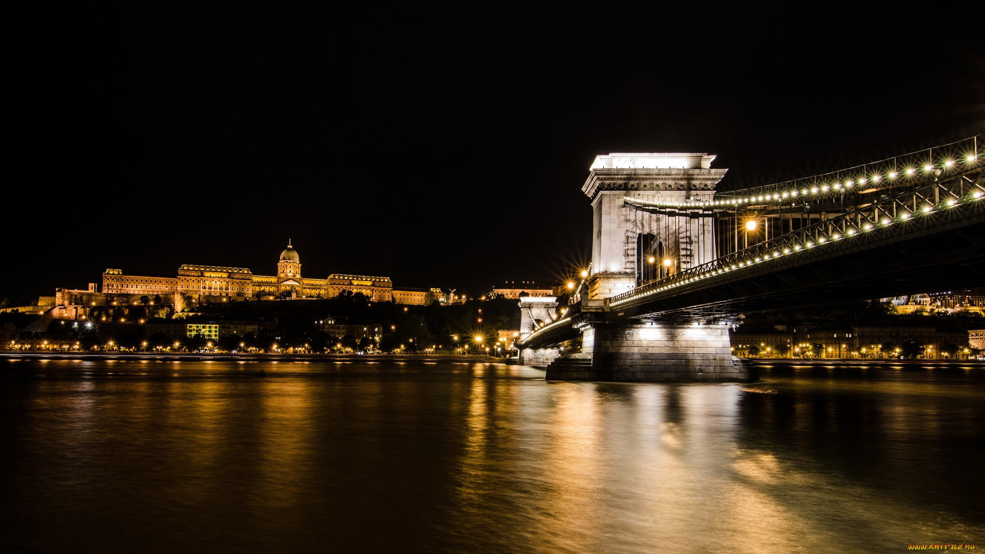 города, будапешт, , венгрия, ночь, река, огни, мост, здания