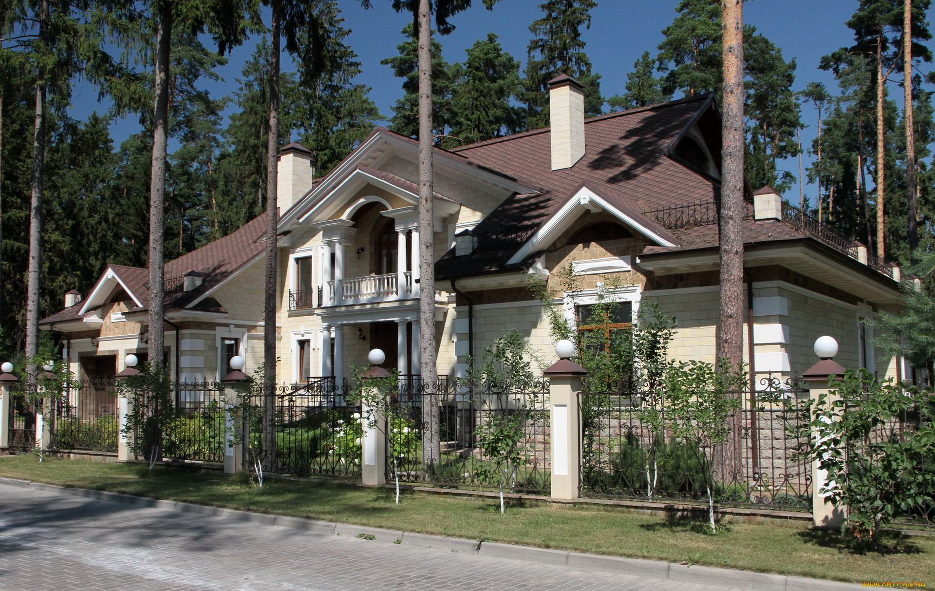 города, -, здания, , дома, забор, дом, коттедж, деревья