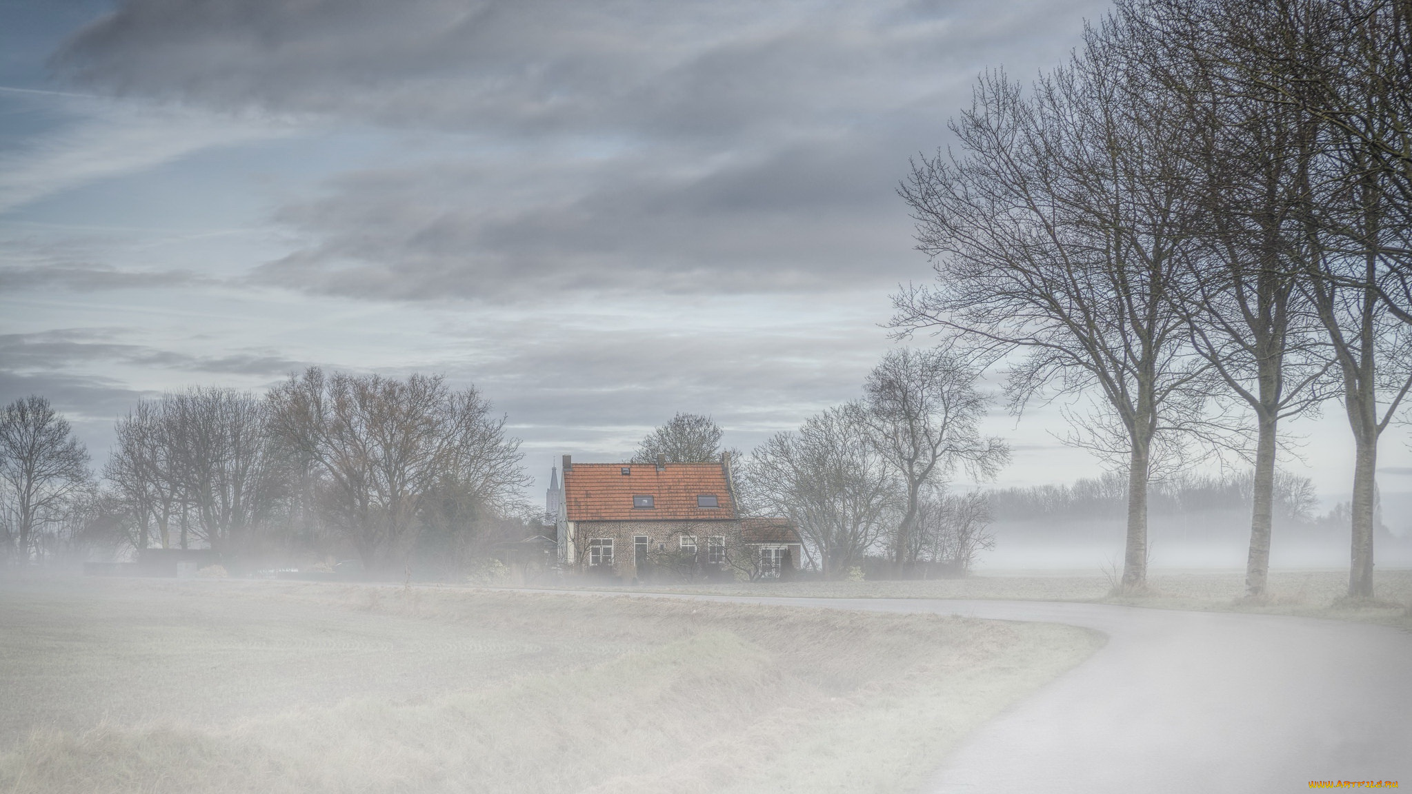 города, -, пейзажи, дом, дорога, туман