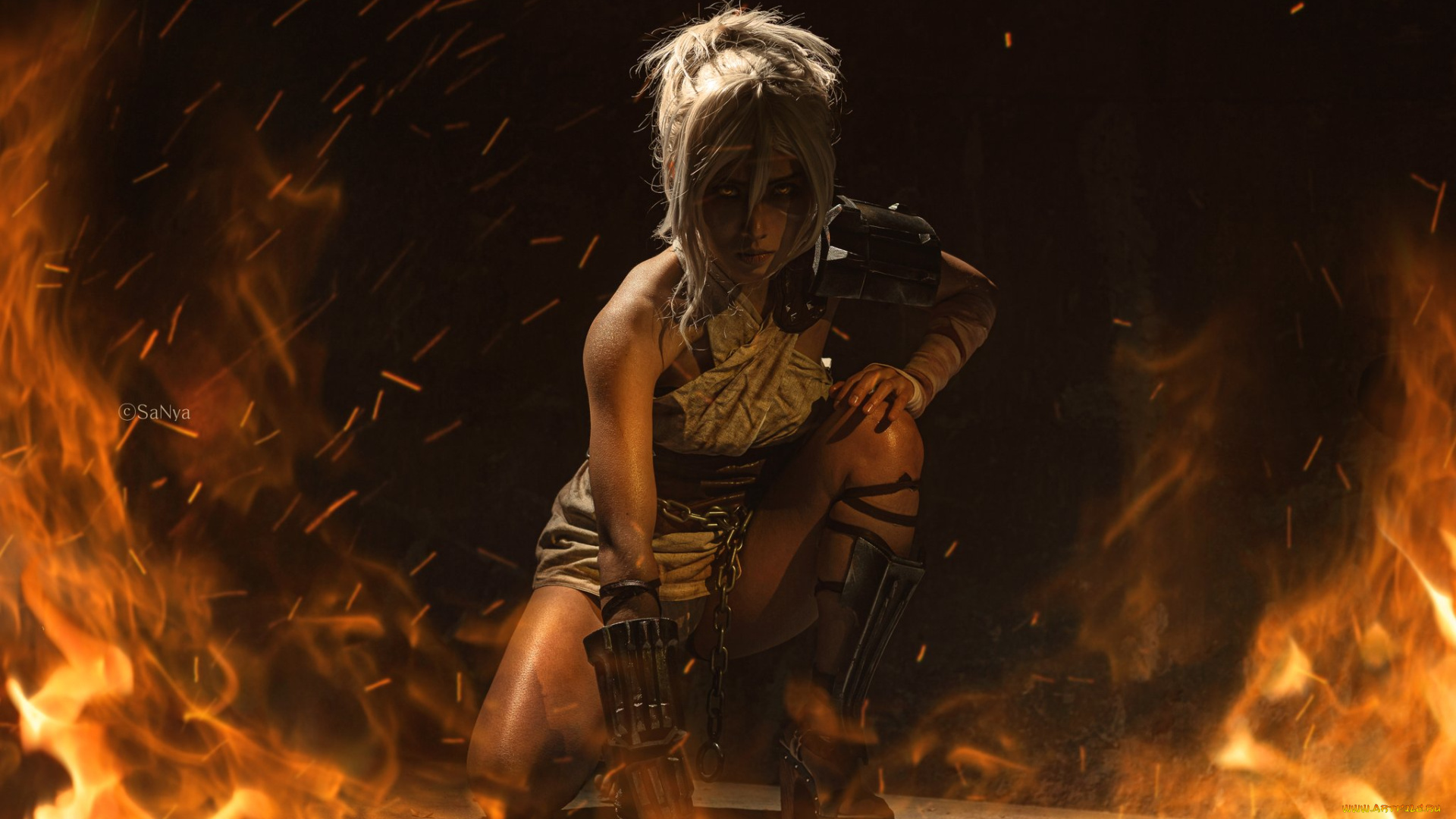 девушки, -, креатив, , косплей, блондинка, костюм, цепи, огонь