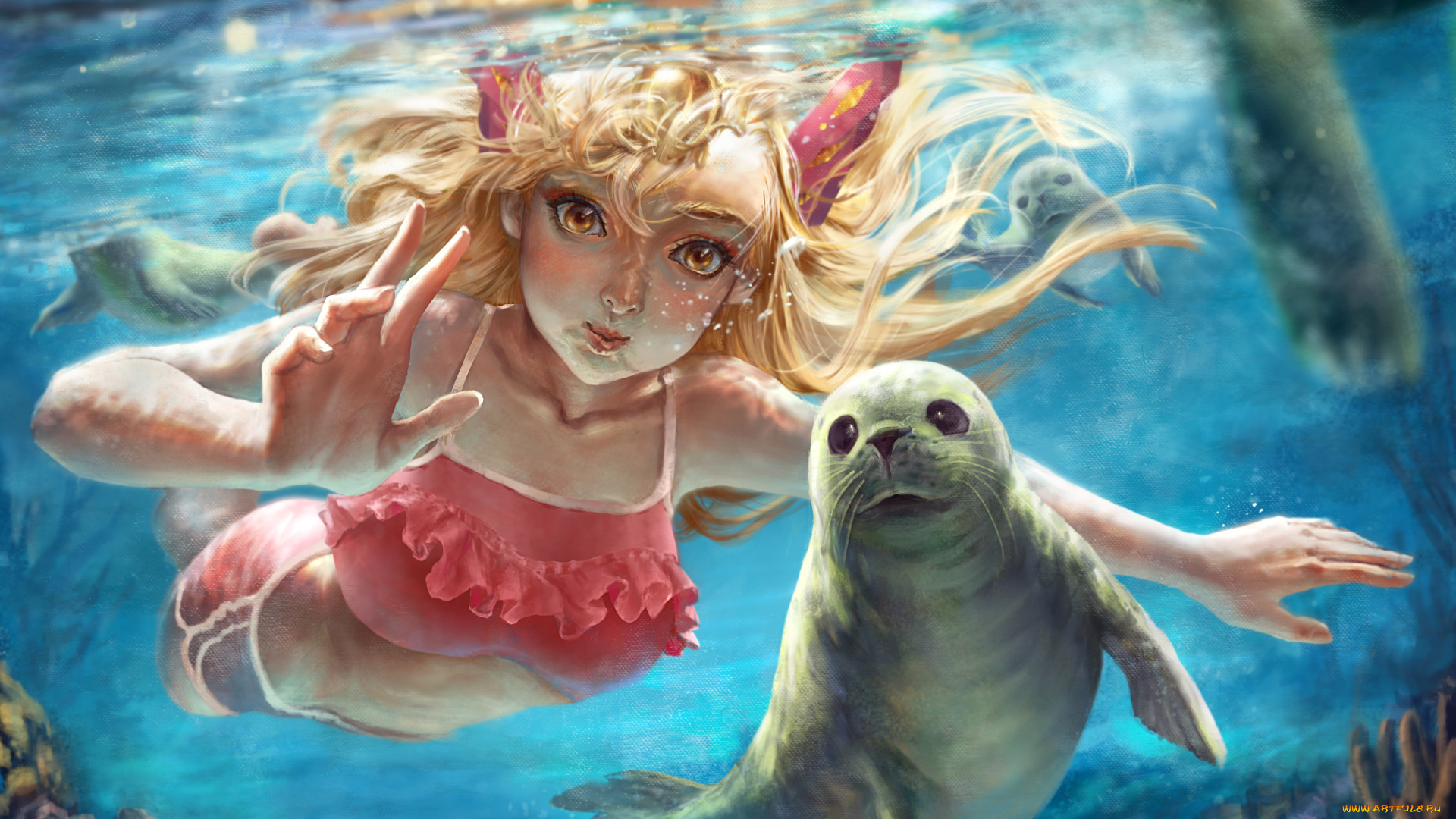 рисованное, люди, девочка, фон, котик, вода