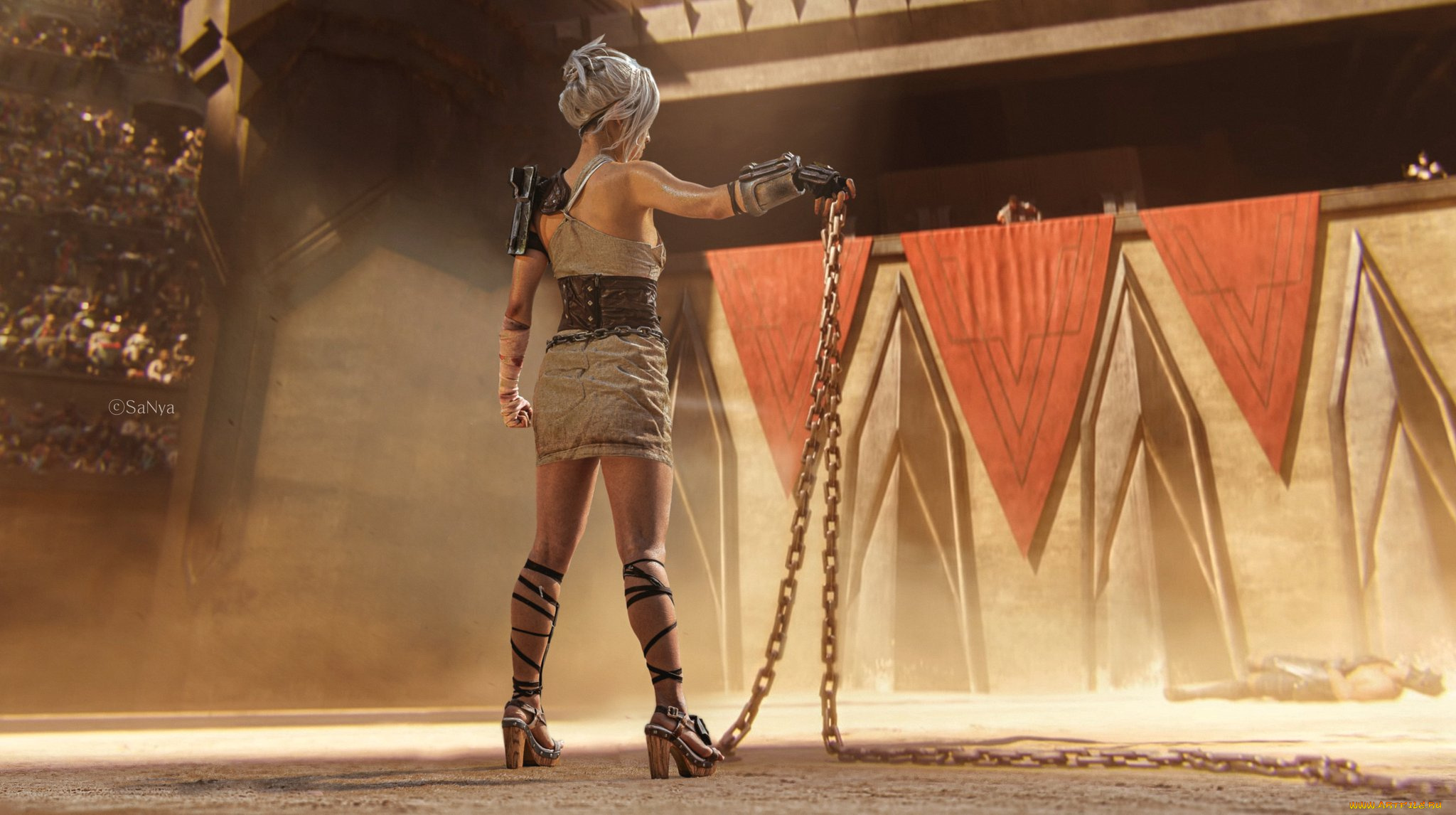 девушки, -, креатив, , косплей, блондинка, цепи, песок, арена, зрители